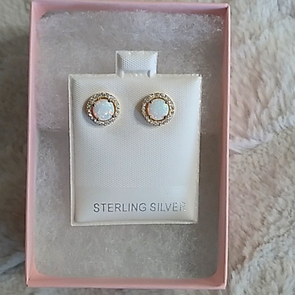 Gold Plated/Sterling Lab White Opal And Clear Cz Earrings